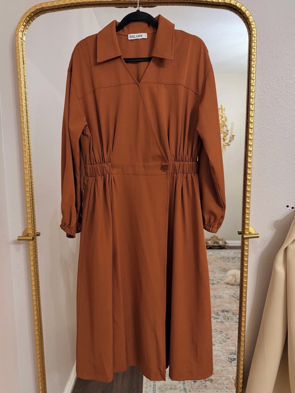 Grace Karin Rust Brown Collared Midi Wrap Dress